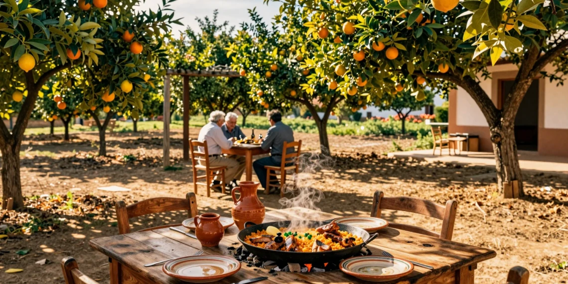 Terraza de restaurante rural en la Huerta de Murcia con arroz caldoso y carnes a la brasa entre naranjos en flor