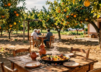 Terraza de restaurante rural en la Huerta de Murcia con arroz caldoso y carnes a la brasa entre naranjos en flor