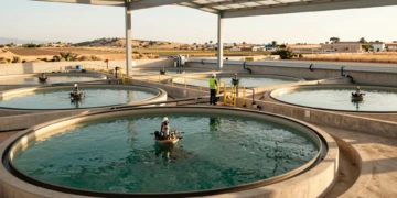 Ingeniero supervisa biorreactores en planta depuradora de aguas residuales en Murcia, con paisaje mediterráneo al fondo