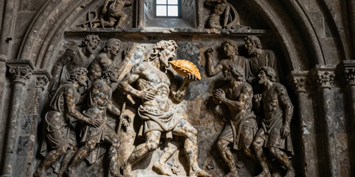 Figura condenada mordiendo una empanada en el Pórtico de la Gloria de Santiago de Compostela, talla románica de 1188