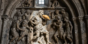 Figura condenada mordiendo una empanada en el Pórtico de la Gloria de Santiago de Compostela, talla románica de 1188