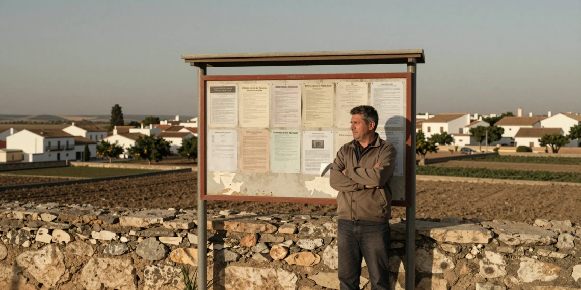 Vecino de una pedanía de Murcia frente a un tablón municipal deteriorado, con expresión de resignación