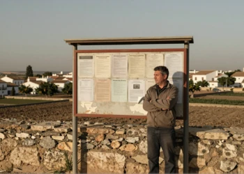 Vecino de una pedanía de Murcia frente a un tablón municipal deteriorado, con expresión de resignación