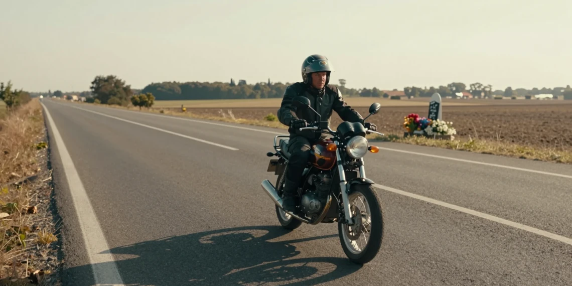 Motorista solo en carretera europea al atardecer sin chaleco airbag, con memorial de flores desenfocado al fondo