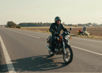Motorista solo en carretera europea al atardecer sin chaleco airbag, con memorial de flores desenfocado al fondo