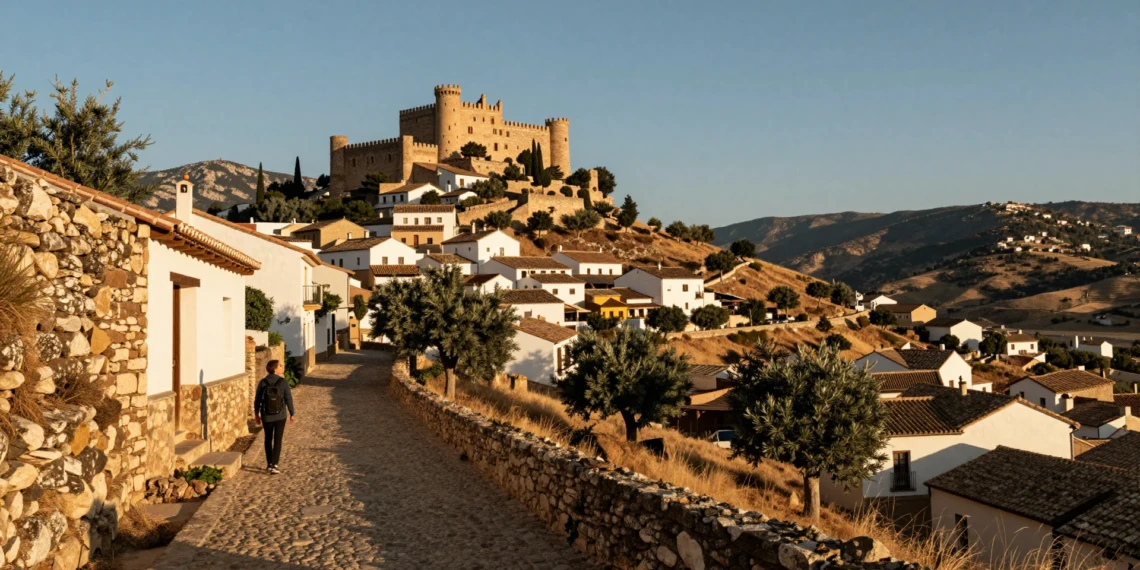 Viajero en pueblo rural de Murcia con casas encaladas, castillo medieval y paisaje mediterráneo dorado