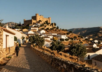 Viajero en pueblo rural de Murcia con casas encaladas, castillo medieval y paisaje mediterráneo dorado