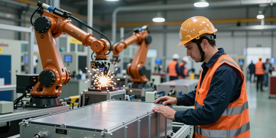 Trabajador inspeccionando una batería de litio para vehículo eléctrico en una planta industrial moderna en España
