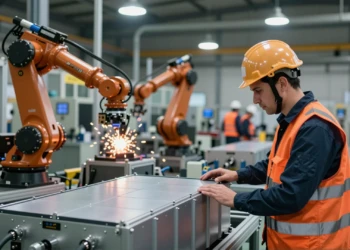 Trabajador inspeccionando una batería de litio para vehículo eléctrico en una planta industrial moderna en España