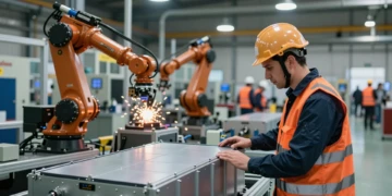 Trabajador inspeccionando una batería de litio para vehículo eléctrico en una planta industrial moderna en España