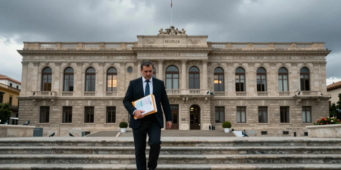 Funcionario público con documentos financieros frente a la sede del gobierno regional de Murcia bajo un cielo gris plomizo
