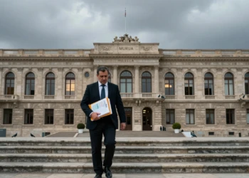 Funcionario público con documentos financieros frente a la sede del gobierno regional de Murcia bajo un cielo gris plomizo