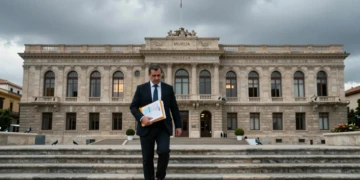 Funcionario público con documentos financieros frente a la sede del gobierno regional de Murcia bajo un cielo gris plomizo