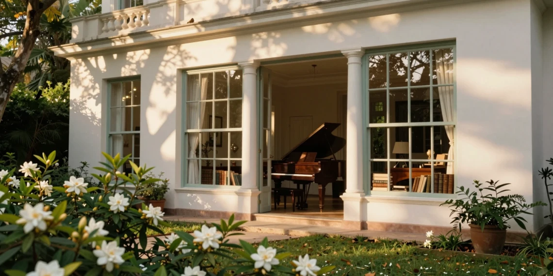 Villa neoclásica argentina con jardín exuberante y ventanas francesas bajo luz dorada, hogar intelectual de Victoria Ocampo