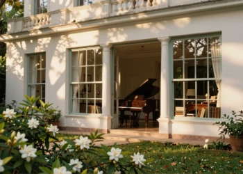 Villa neoclásica argentina con jardín exuberante y ventanas francesas bajo luz dorada, hogar intelectual de Victoria Ocampo