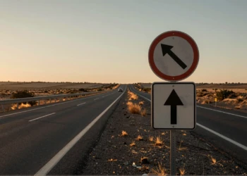 Autopista española al atardecer con señal de permiso por puntos en primer plano, evocando dos décadas de seguridad vial