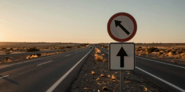 Autopista española al atardecer con señal de permiso por puntos en primer plano, evocando dos décadas de seguridad vial