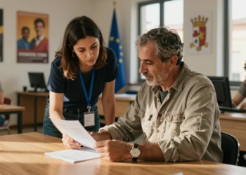 Trabajadora social orienta a un hombre en un centro de empleo de Murcia revisando su itinerario de inserción laboral