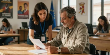 Trabajadora social orienta a un hombre en un centro de empleo de Murcia revisando su itinerario de inserción laboral