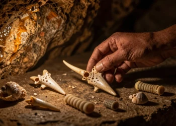 Mano sosteniendo diente de ciervo perforado paleolítico junto a conchas y huesos en cueva asturiana