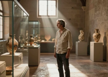 Juan García Sandoval observa una pieza cerámica ibérica en una sala del museo regional de Murcia
