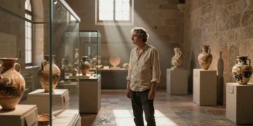 Juan García Sandoval observa una pieza cerámica ibérica en una sala del museo regional de Murcia