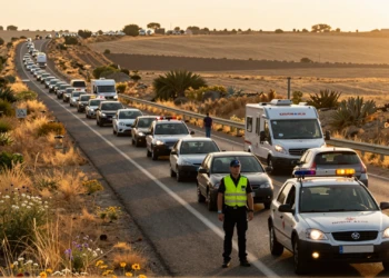 Agente de la Guardia Civil supervisa una autopista española abarrotada de vehículos al atardecer durante el puente de verano