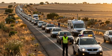Agente de la Guardia Civil supervisa una autopista española abarrotada de vehículos al atardecer durante el puente de verano
