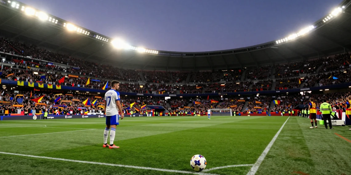 Futbolista en el círculo central de un estadio español repleto al atardecer, en el arranque de la temporada de LaLiga