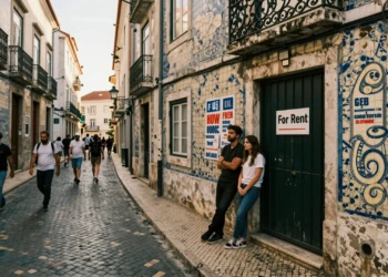 Pareja joven frente a edificio en alquiler en Lisboa, reflejando la crisis de vivienda en España y Portugal