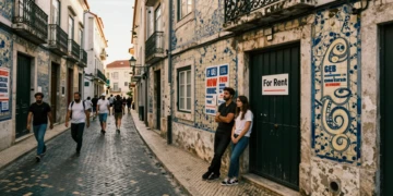 Pareja joven frente a edificio en alquiler en Lisboa, reflejando la crisis de vivienda en España y Portugal