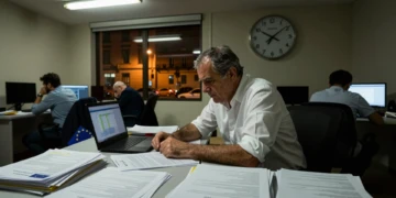 Funcionario español trabaja de madrugada sobre documentos de fondos europeos con reloj marcando la urgencia