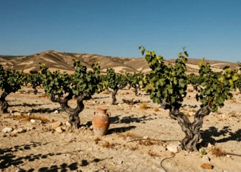 Viñedo de Monastrell en Jumilla con cepas retorcidas sobre suelo calizo bajo el sol mediterráneo y una ánfora de barro