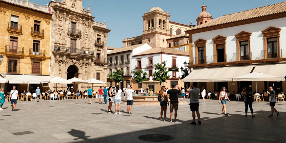 Plaza barroca de Murcia llena de turistas y locales en verano, con terrazas de cafés y fachadas doradas al sol