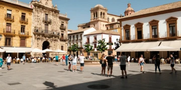 Plaza barroca de Murcia llena de turistas y locales en verano, con terrazas de cafés y fachadas doradas al sol