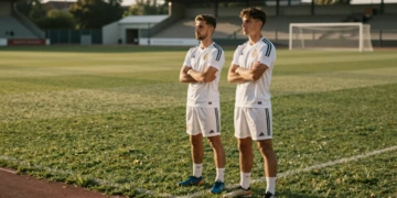 Yeremay y Mella observan el campo de entrenamiento del Deportivo durante su recuperación antes del debut en Primera