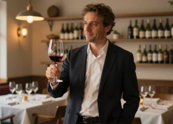 Sumiller elegante sostiene una copa de vino tinto en un restaurante íntimo con luz cálida dorada
