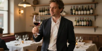 Sumiller elegante sostiene una copa de vino tinto en un restaurante íntimo con luz cálida dorada