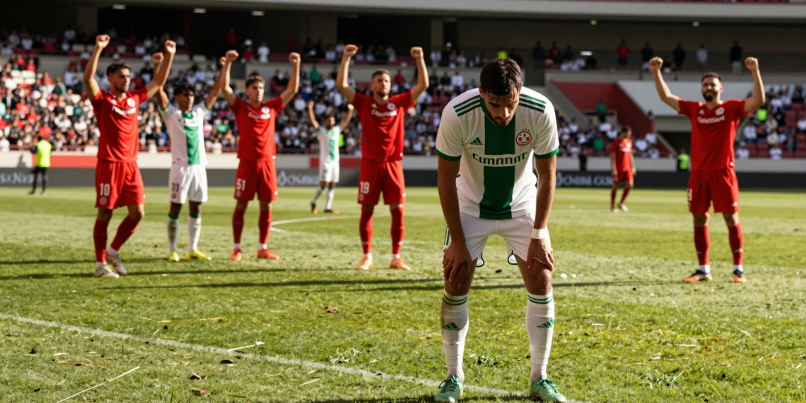 Jugador del Córdoba CF exhausto en el césped mientras el Almería celebra al fondo en pretemporada en Marbella