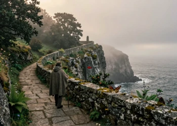 Peregrino en antiguo camino de piedra entre acantilados atlánticos y bosque celta en Galicia, envuelto en niebla