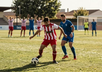 Extremo del Sporting con camiseta rojiblanca regatea a un defensor rival en un partido de pretemporada bajo el sol de verano