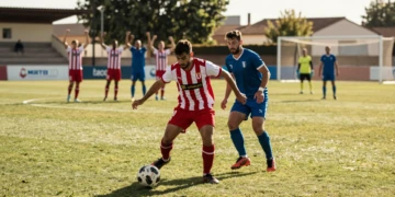 Extremo del Sporting con camiseta rojiblanca regatea a un defensor rival en un partido de pretemporada bajo el sol de verano