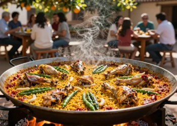Paella valenciana auténtica en paellera sobre brasas de leña con pollo, conejo, bajoqueta y garrofó