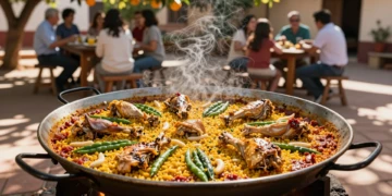 Paella valenciana auténtica en paellera sobre brasas de leña con pollo, conejo, bajoqueta y garrofó