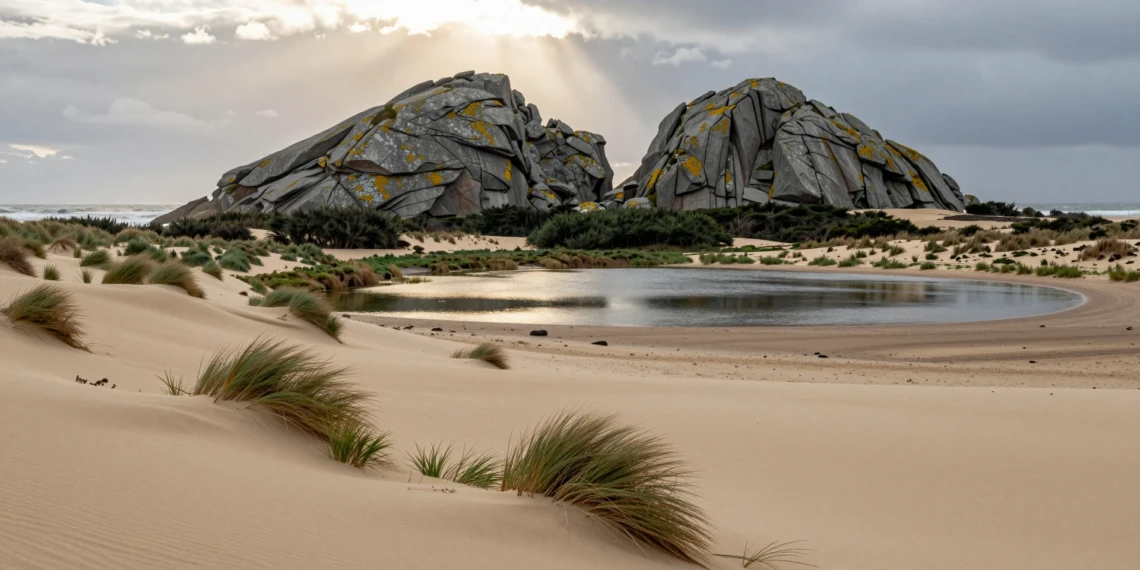 Vista panorámica de Monte Louro con dunas doradas, laguna salobre y cimas de granito en la costa atlántica gallega