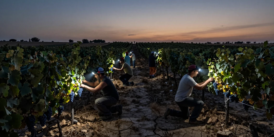 Vendimiadores con linternas frontales recolectan uvas oscuras al amanecer en un viñedo español reseco por la sequía