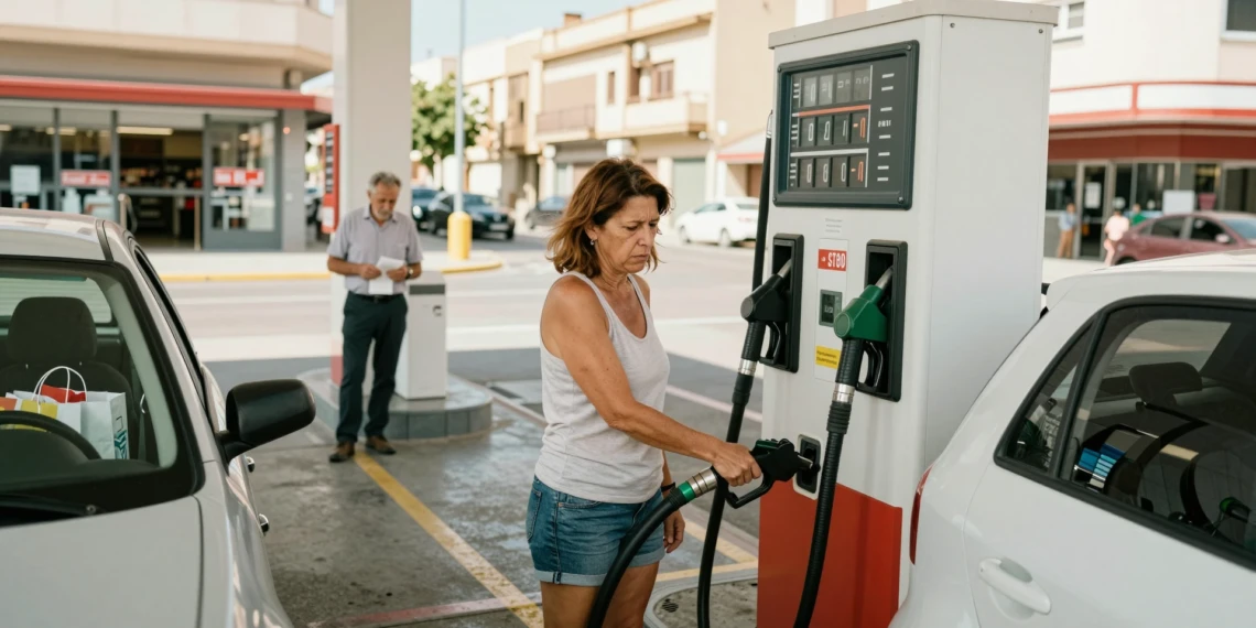 Mujer española repostando combustible con gesto tenso ante el marcador de precios en una gasolinera urbana en verano