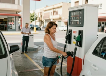 Mujer española repostando combustible con gesto tenso ante el marcador de precios en una gasolinera urbana en verano