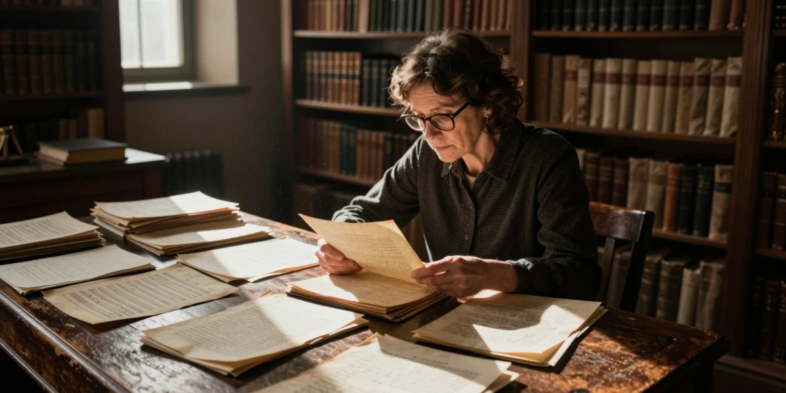 Musicóloga examinando manuscritos del siglo XIX y registros parroquiales en un archivo histórico iluminado con luz ámbar