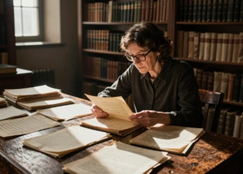 Musicóloga examinando manuscritos del siglo XIX y registros parroquiales en un archivo histórico iluminado con luz ámbar